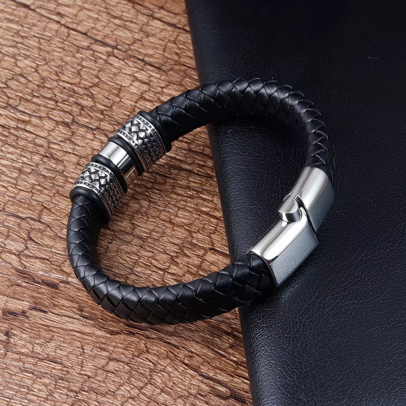 Wholesale Chunky Genuine Leather Bracelet Men Stainless Steel Best Sellers 2024 Products Black Nomination