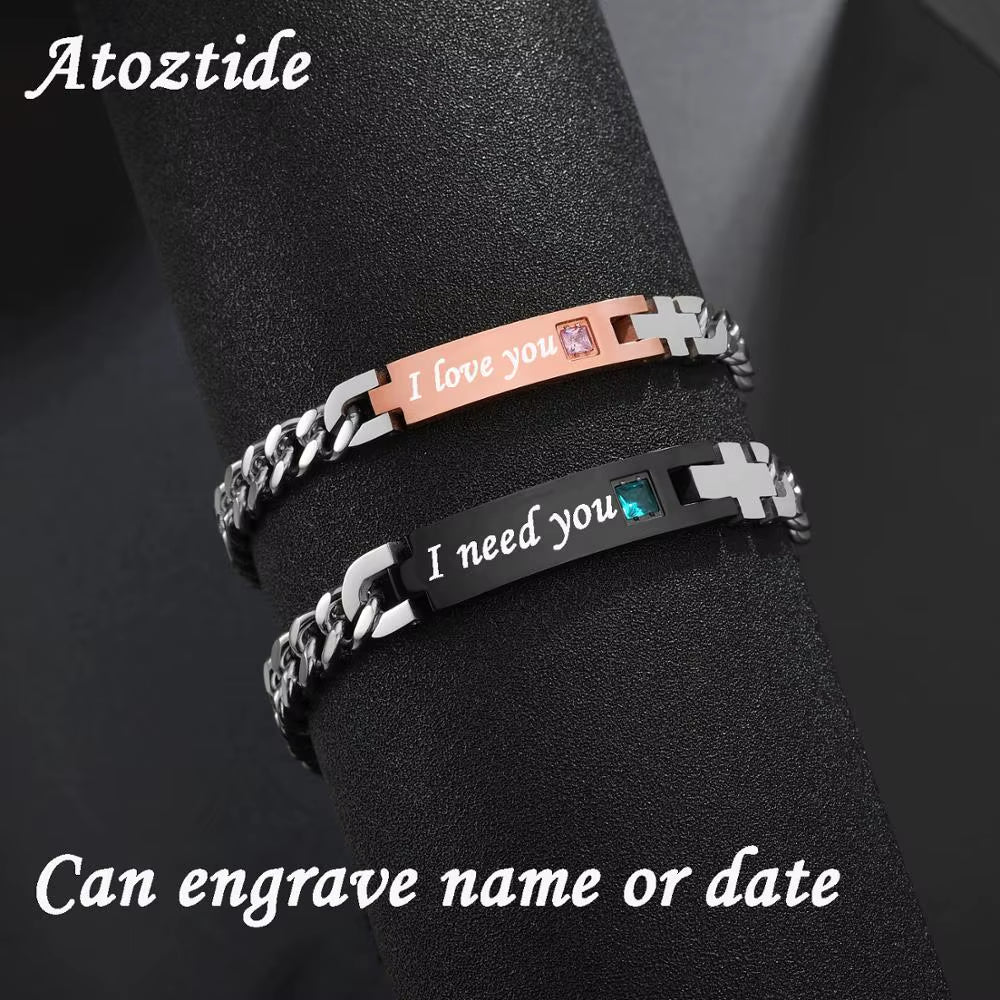 Atoztide Customized Stainless Steel Couple Lover Bracelet for Men Women CZ Stone Engrave Text Date Bracelets Jewlery Gift