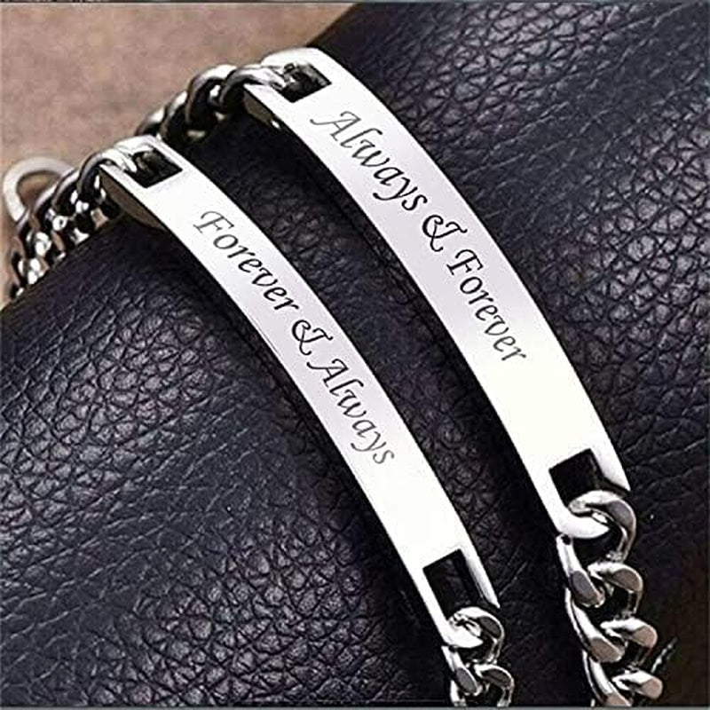 2Pcs Matching Couples Bracelets Always and Forever Stainless Steel Engraved Nameplate Adjustable Personalized Bracelets Set Gift for Couples Best Friends