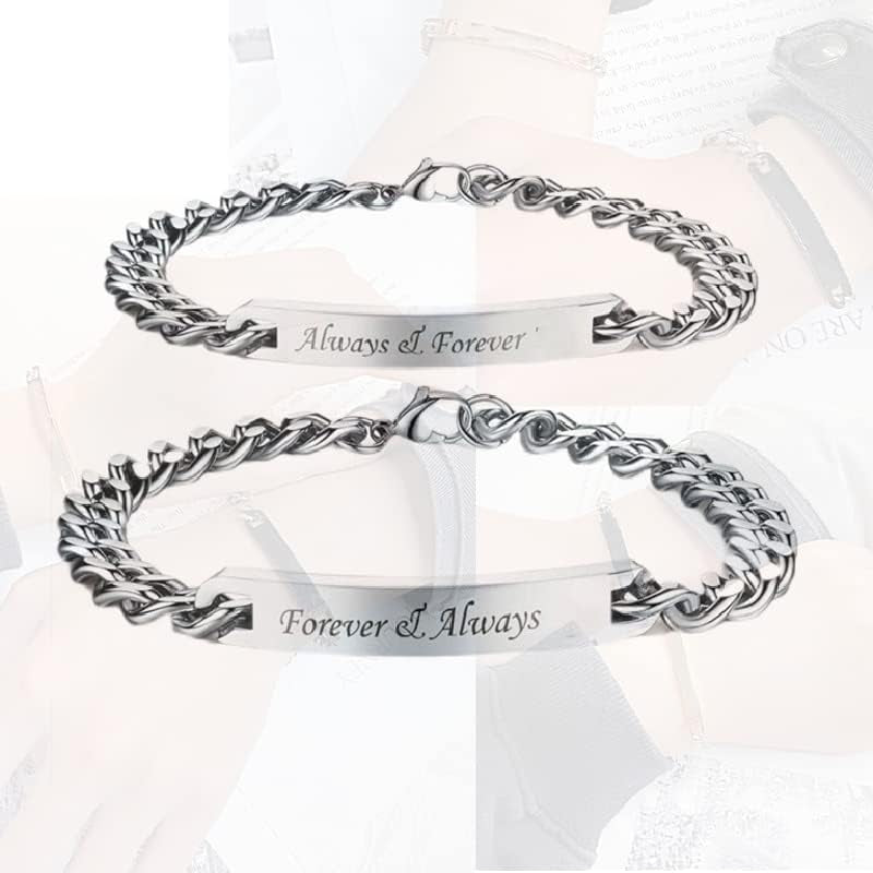 2Pcs Matching Couples Bracelets Always and Forever Stainless Steel Engraved Nameplate Adjustable Personalized Bracelets Set Gift for Couples Best Friends