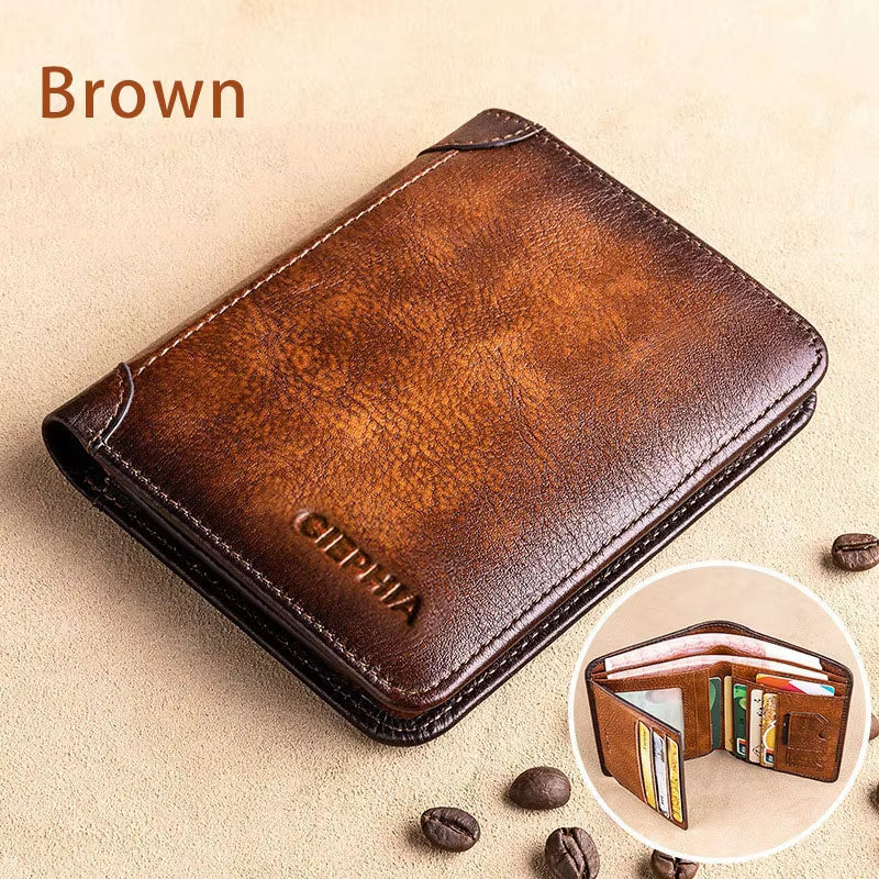 Genuine Leather Rfid Protection Wallets for Men Vintage Thin Short Multi Function ID Credit Card Holder Money Bag