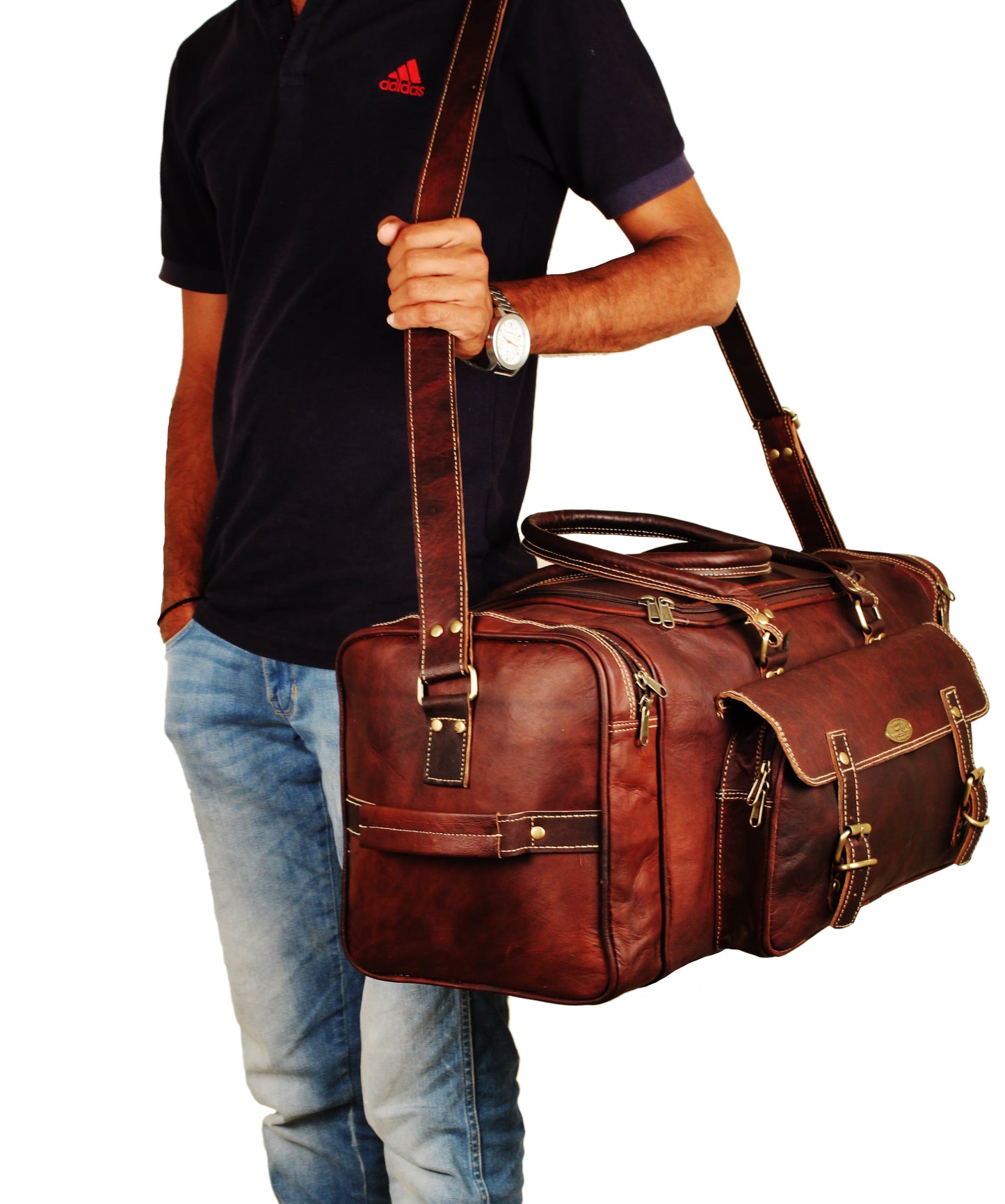 Men’S 24" Leather Sports Travel Duffel Bag, Brown