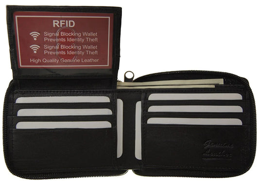 RFID  Mens Leather Wallet Bifold Zipper Black SUNRFID1306BK