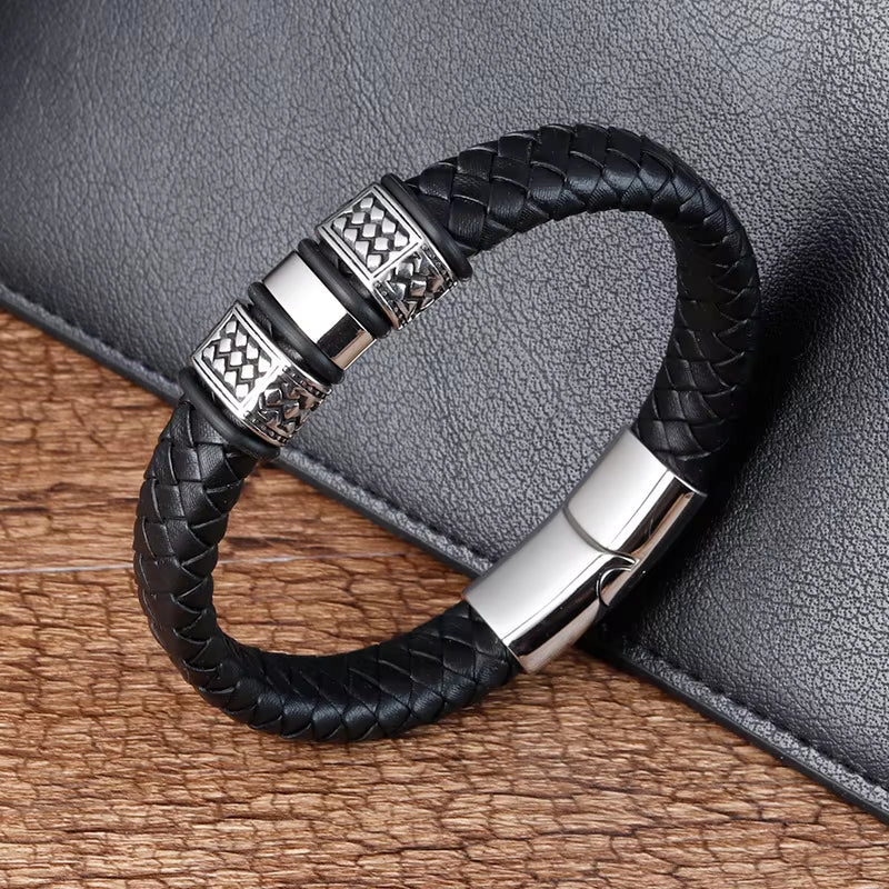 Wholesale Chunky Genuine Leather Bracelet Men Stainless Steel Best Sellers 2024 Products Black Nomination