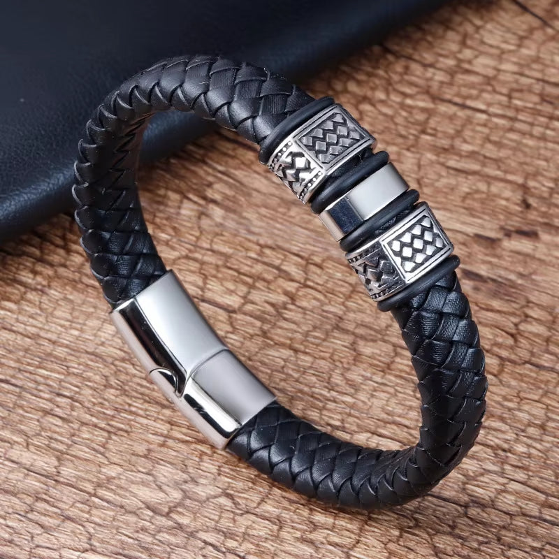 Wholesale Chunky Genuine Leather Bracelet Men Stainless Steel Best Sellers 2024 Products Black Nomination