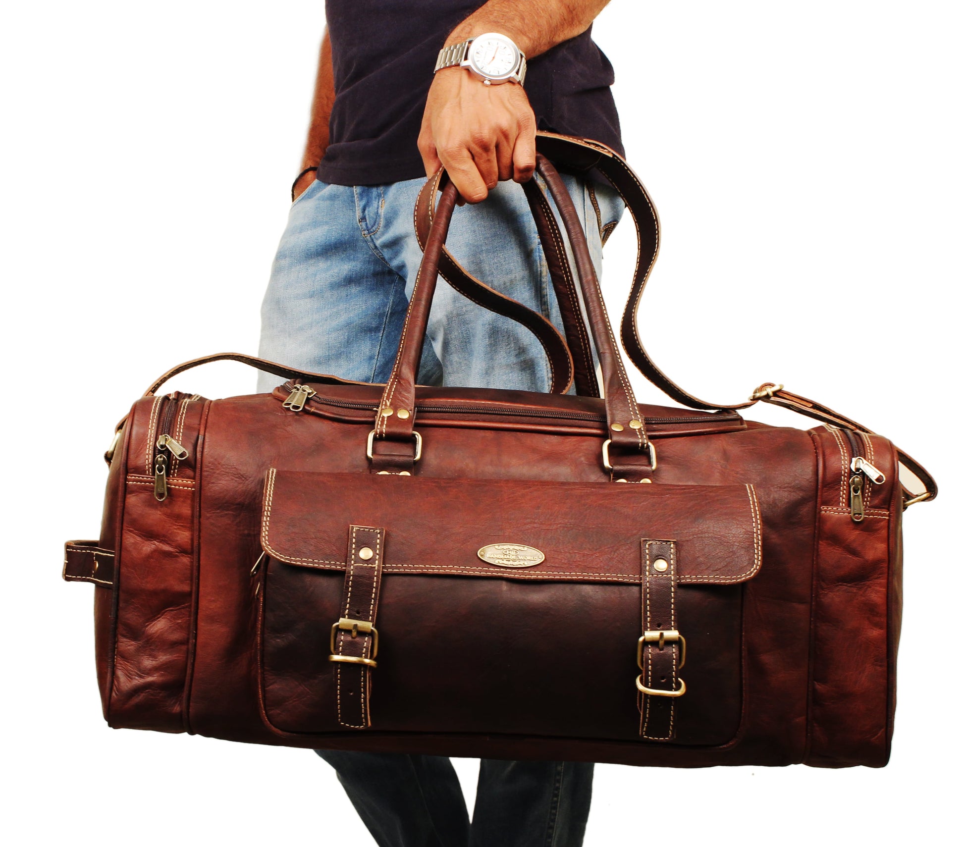 Men’S 24" Leather Sports Travel Duffel Bag, Brown