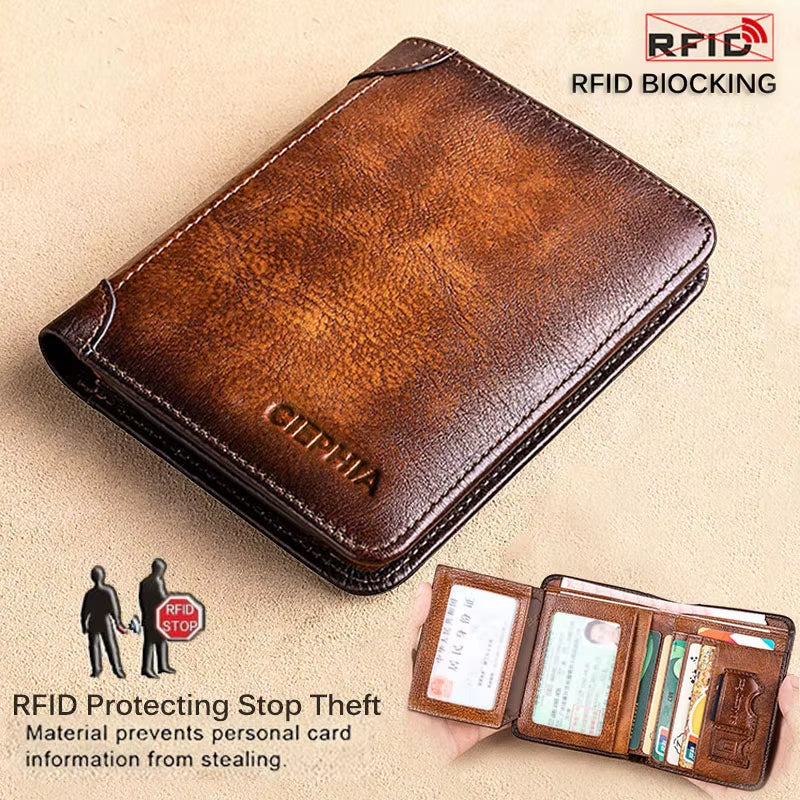 Genuine Leather Rfid Protection Wallets for Men Vintage Thin Short Multi Function ID Credit Card Holder Money Bag