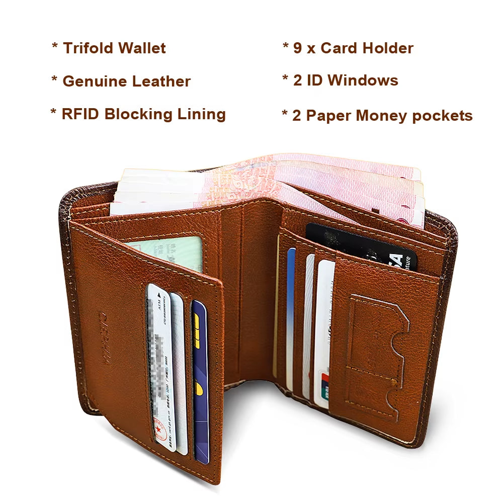 Genuine Leather Rfid Protection Wallets for Men Vintage Thin Short Multi Function ID Credit Card Holder Money Bag