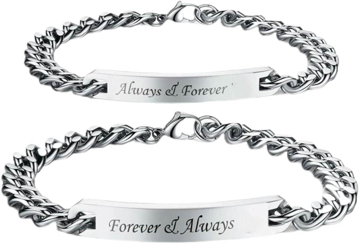 2Pcs Matching Couples Bracelets Always and Forever Stainless Steel Engraved Nameplate Adjustable Personalized Bracelets Set Gift for Couples Best Friends